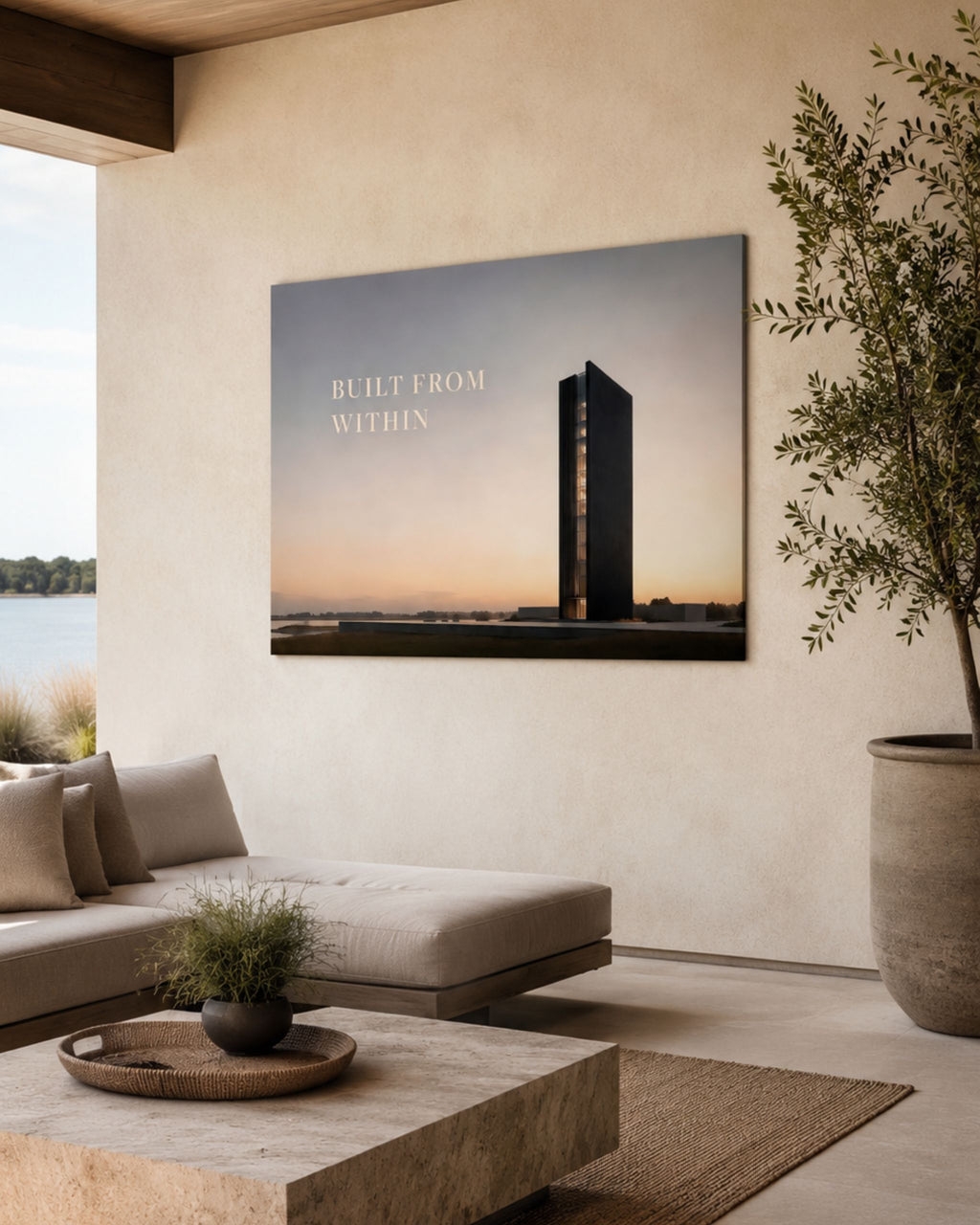 Statement Wandbild auf Alu-Dibond mit dem Statement "BUILT FROM WITHIN". Daneben ein dunkles und modernes Gebäude, das symbolisch für "BUILT" steht. Aufgehängt im überdachten Außenbereich.