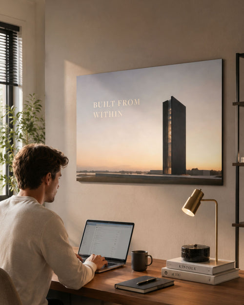 Statement Wandbild auf Alu-Dibond mit dem Statement "BUILT FROM WITHIN" präsentiert in einem minimalistischen Home-Office mit einem Mann, der am Laptop arbeitet.