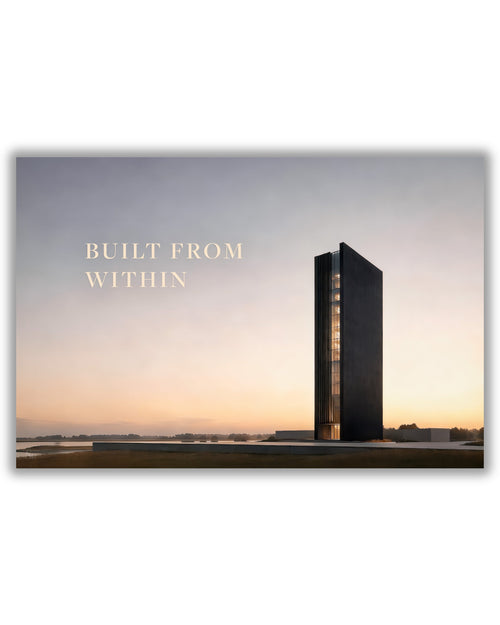 Statement Wandbild auf Alu-Dibond mit dem Statement "BUILT FROM WITHIN". Daneben ein dunkles und modernes Gebäude, das symbolisch für "BUILT" steht.