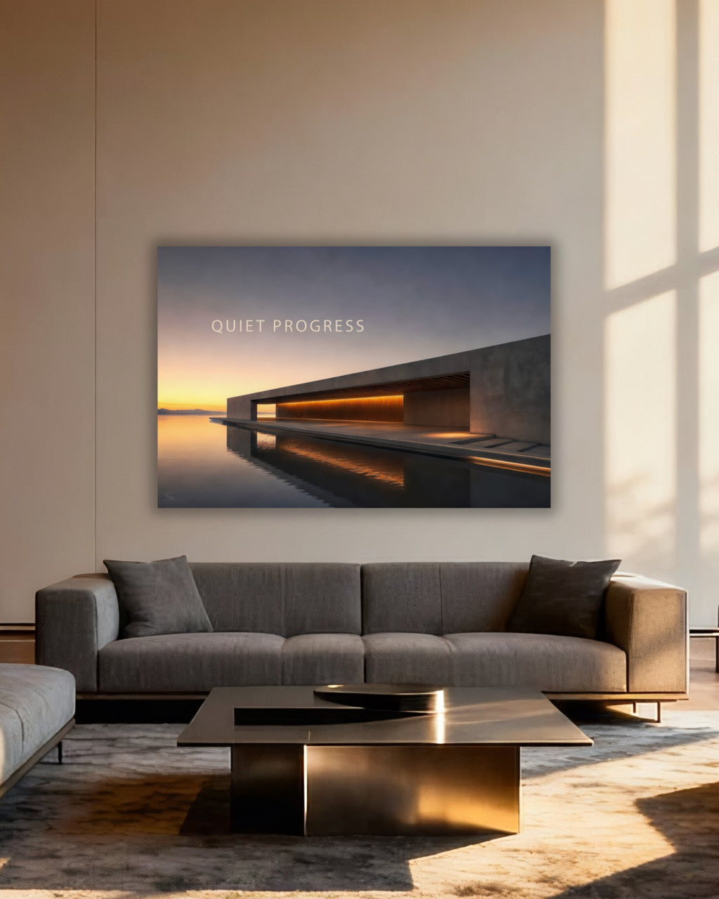 Statement Wandbild "QUIET PROGRESS" auf Alu-Dibond in einem repräsentativen Raum