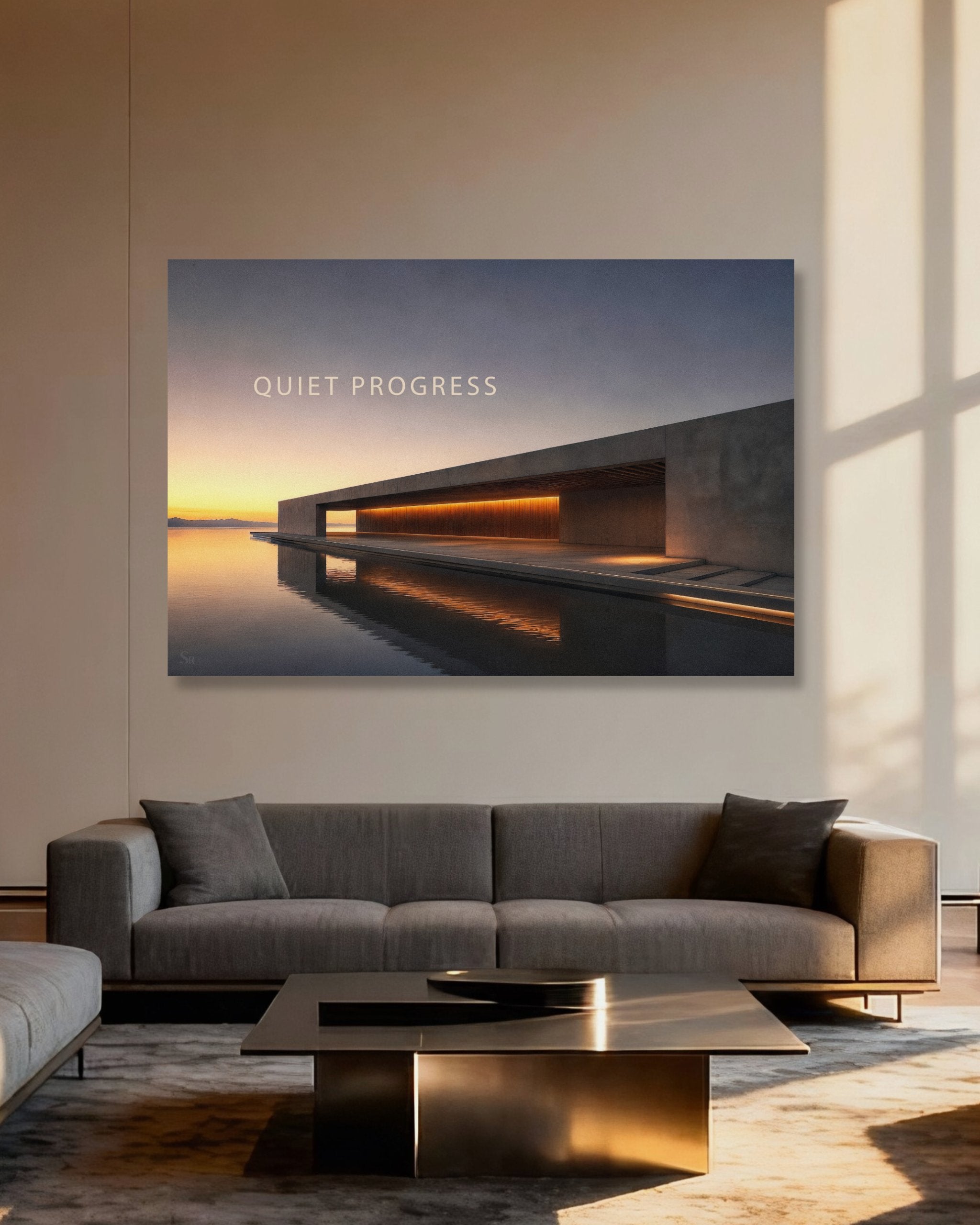 Statement Wandbild "QUIET PROGRESS" auf Alu-Dibond in einem repräsentativen Raum
