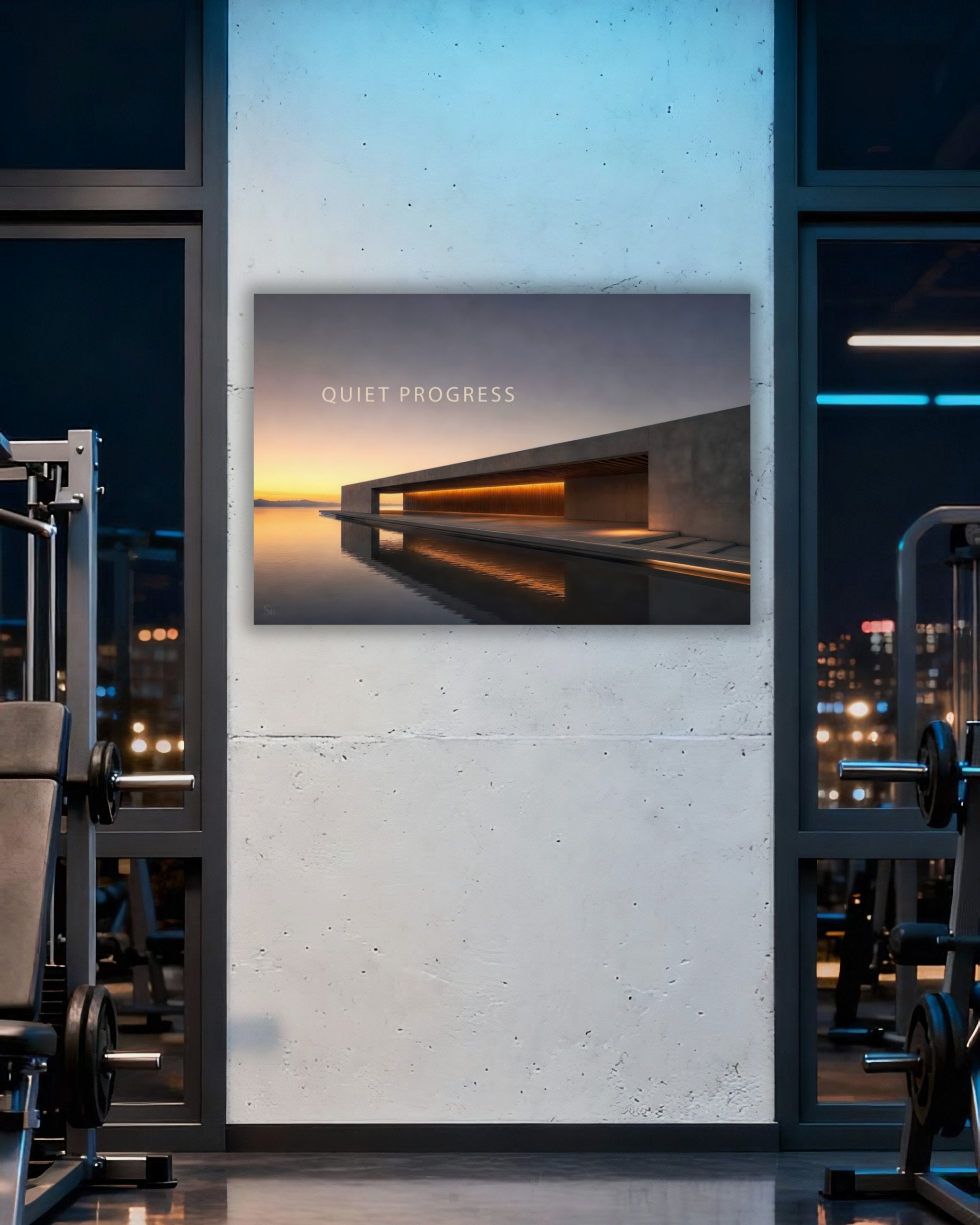 Statement Wandbild "QUIET PROGRESS" auf Alu-Dibond im Home-Gym oder Studio.