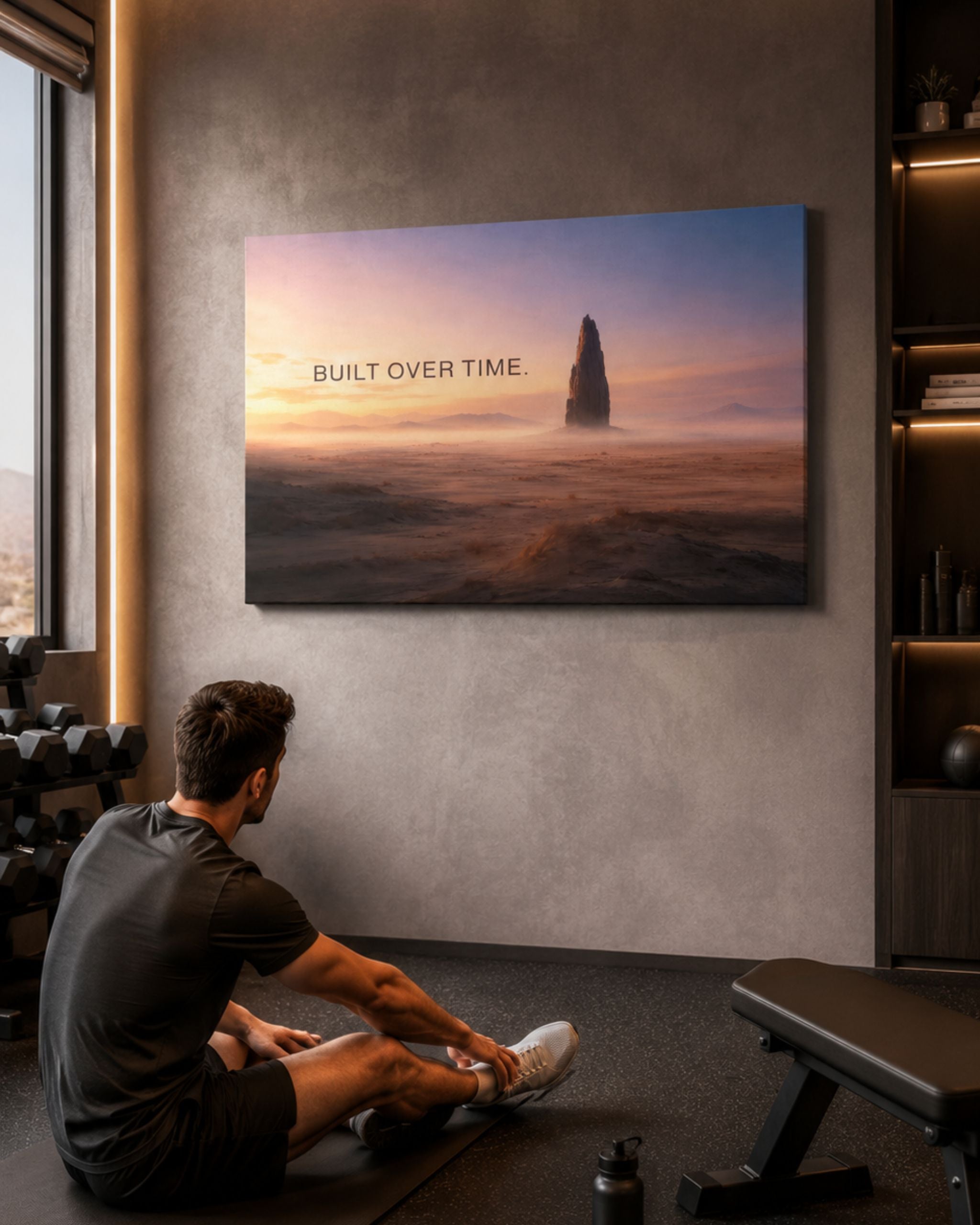 Leinwandbild „BUILT OVER TIME.“ von SuccessRemind mit monumentalem Fels in weiter Wüstenlandschaft bei warmem Morgenlicht - präsentiert im Fitnessbereich oder Home-Gym.