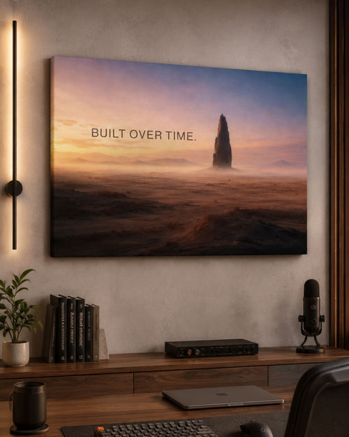 Leinwandbild „BUILT OVER TIME.“ von SuccessRemind mit monumentalem Fels in weiter Wüstenlandschaft bei warmem Morgenlicht - präsentiert im Home Office.