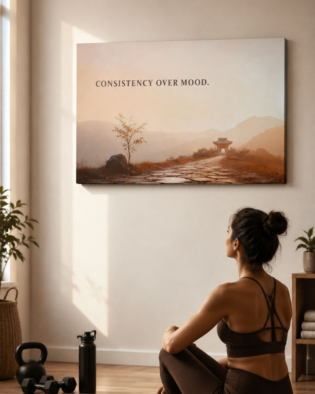 Modernes Statement-Wandbild "Consistency over mood." auf Leinwand im Fitnessraum beim Sport.
