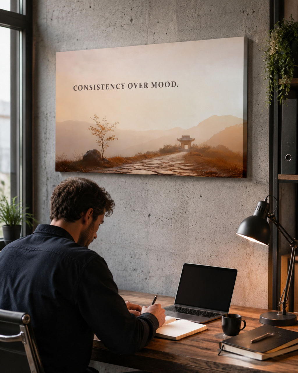 Modernes Statement-Wandbild "Consistency over mood." auf Leinwand im Homeoffice und bei der Arbeit. Für Menschen, die wissen, dass echte Entwicklung nicht von einzelnen starken Tagen kommt, sondern von dem, was sie immer wieder tun.