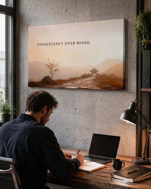 Modernes Statement-Wandbild "Consistency over mood." auf Leinwand im Homeoffice und bei der Arbeit. Für Menschen, die wissen, dass echte Entwicklung nicht von einzelnen starken Tagen kommt, sondern von dem, was sie immer wieder tun.