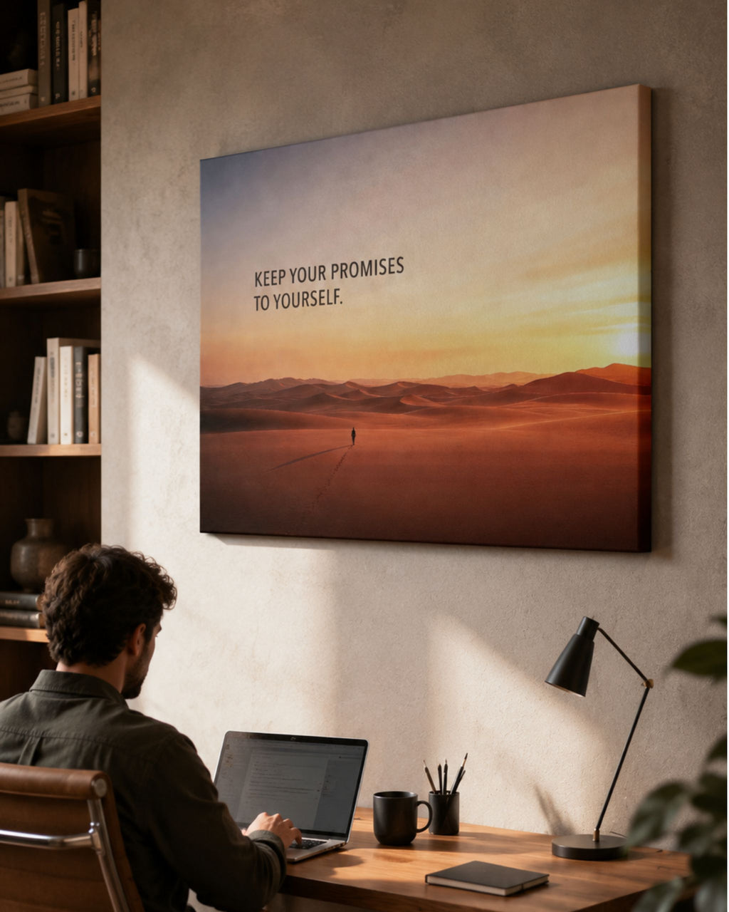Statement-Piece „KEEP YOUR PROMISES“ auf Leinwand mit Wüstenmotiv und Fußspuren im Sand. Präsentiert im Home Office.