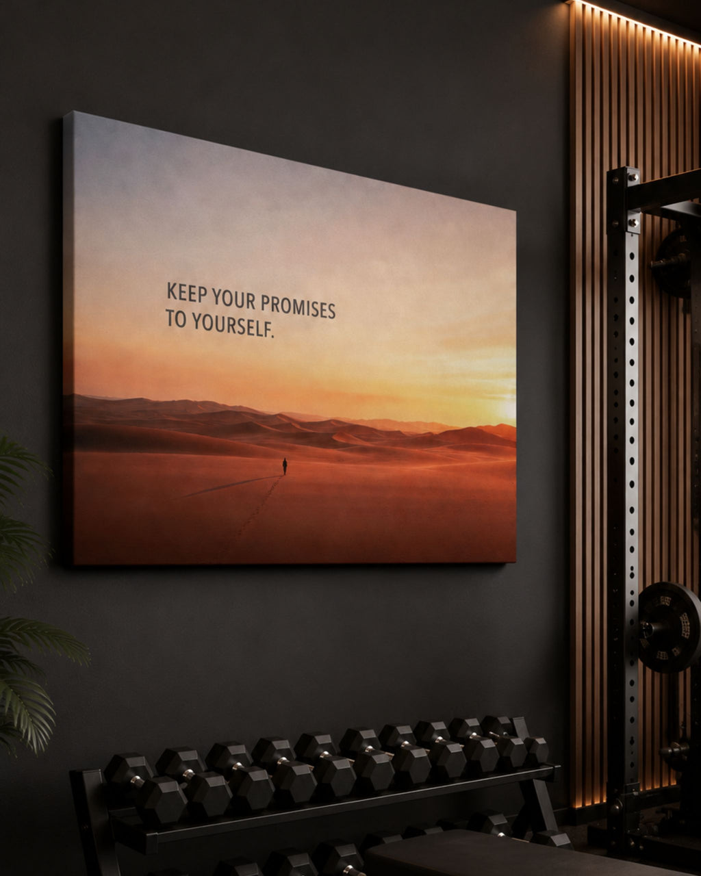 Statement-Piece „KEEP YOUR PROMISES“ auf Leinwand mit Wüstenmotiv und Fußspuren im Sand. Präsentiert im Home Gym oder Fitnessstudio.
