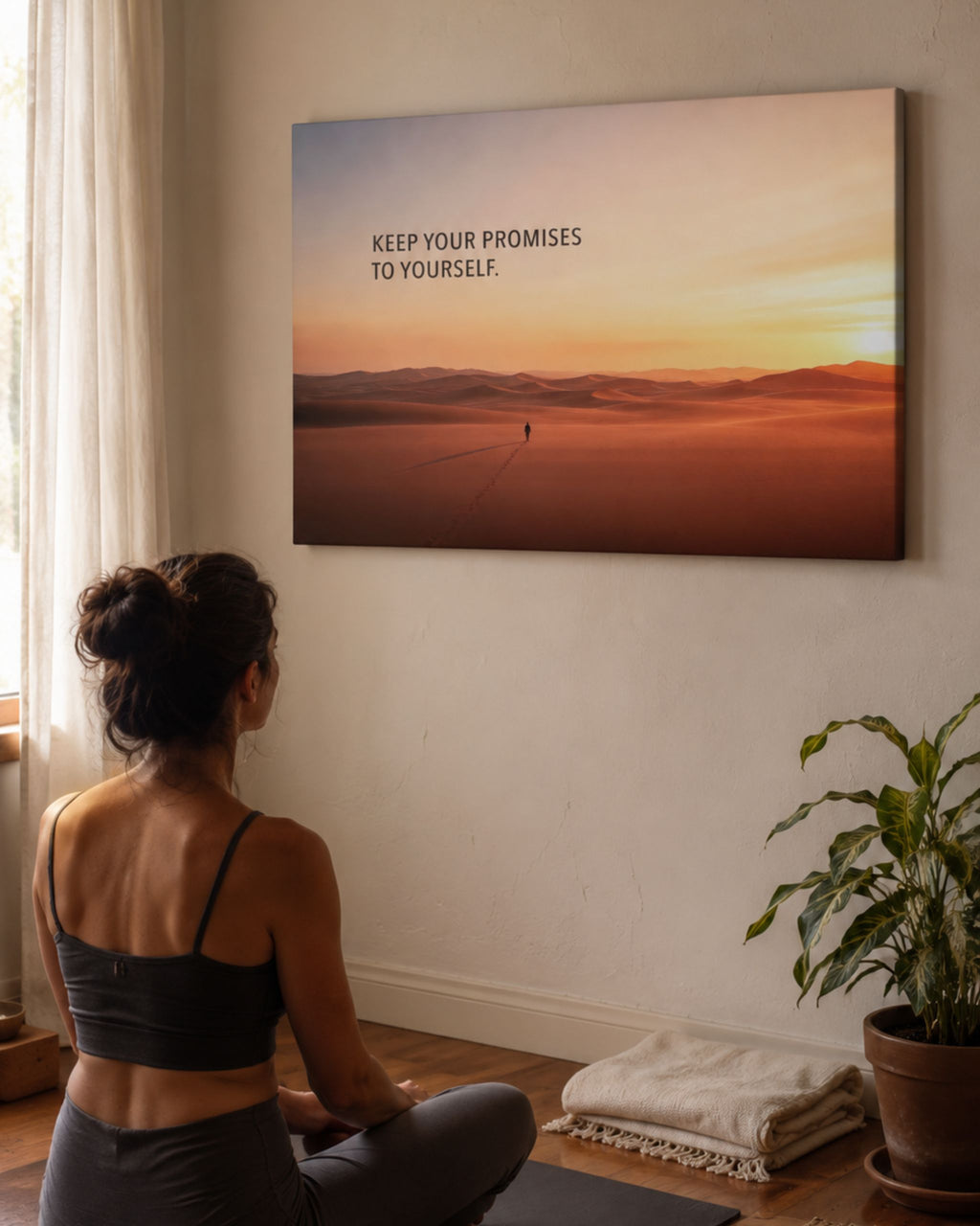 Statement-Piece „KEEP YOUR PROMISES“ auf Leinwand mit Wüstenmotiv und Fußspuren im Sand im Yoga Raum.