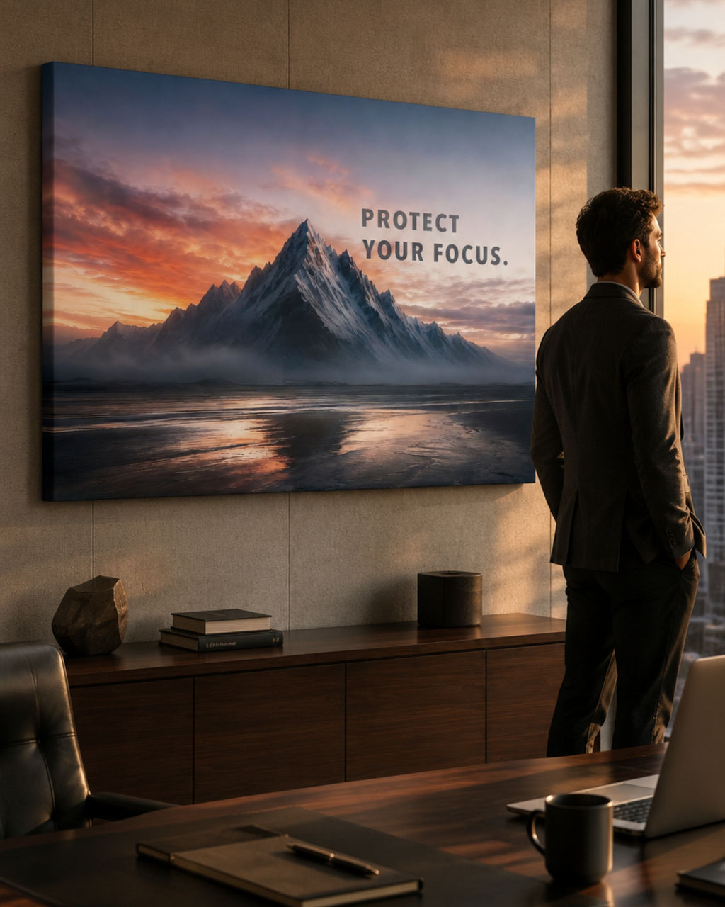 Statement-Piece „PROTECT YOUR FOCUS.“ als Leinwandbild im Raum mit Bergmotiv und klarer Fokus-Botschaft, präsentiert in einem Büro oder Home Office.