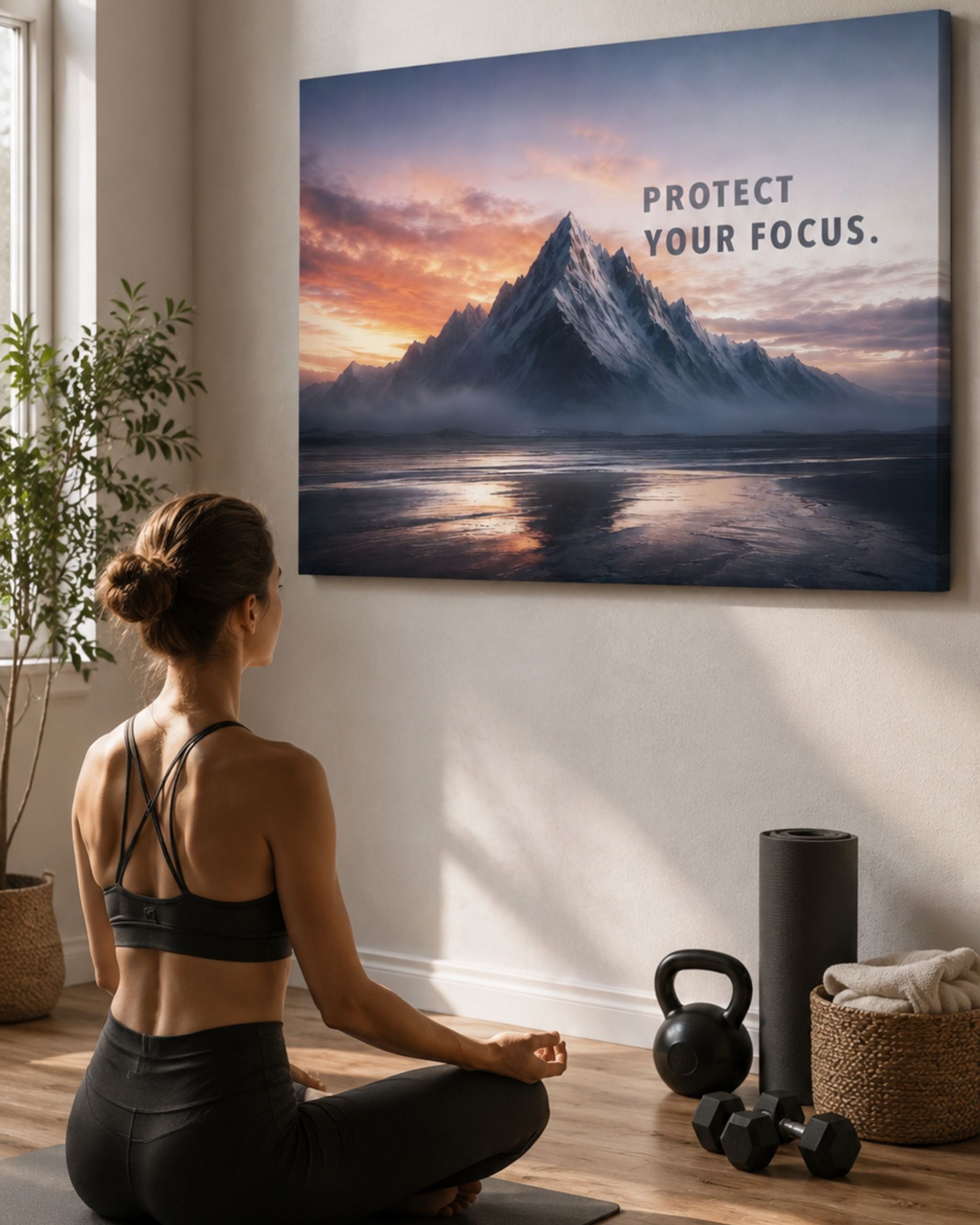 Statement-Piece „PROTECT YOUR FOCUS.“ als Leinwandbild im Raum mit Bergmotiv und klarer Fokus-Botschaft, präsentiert im Home-Gym.