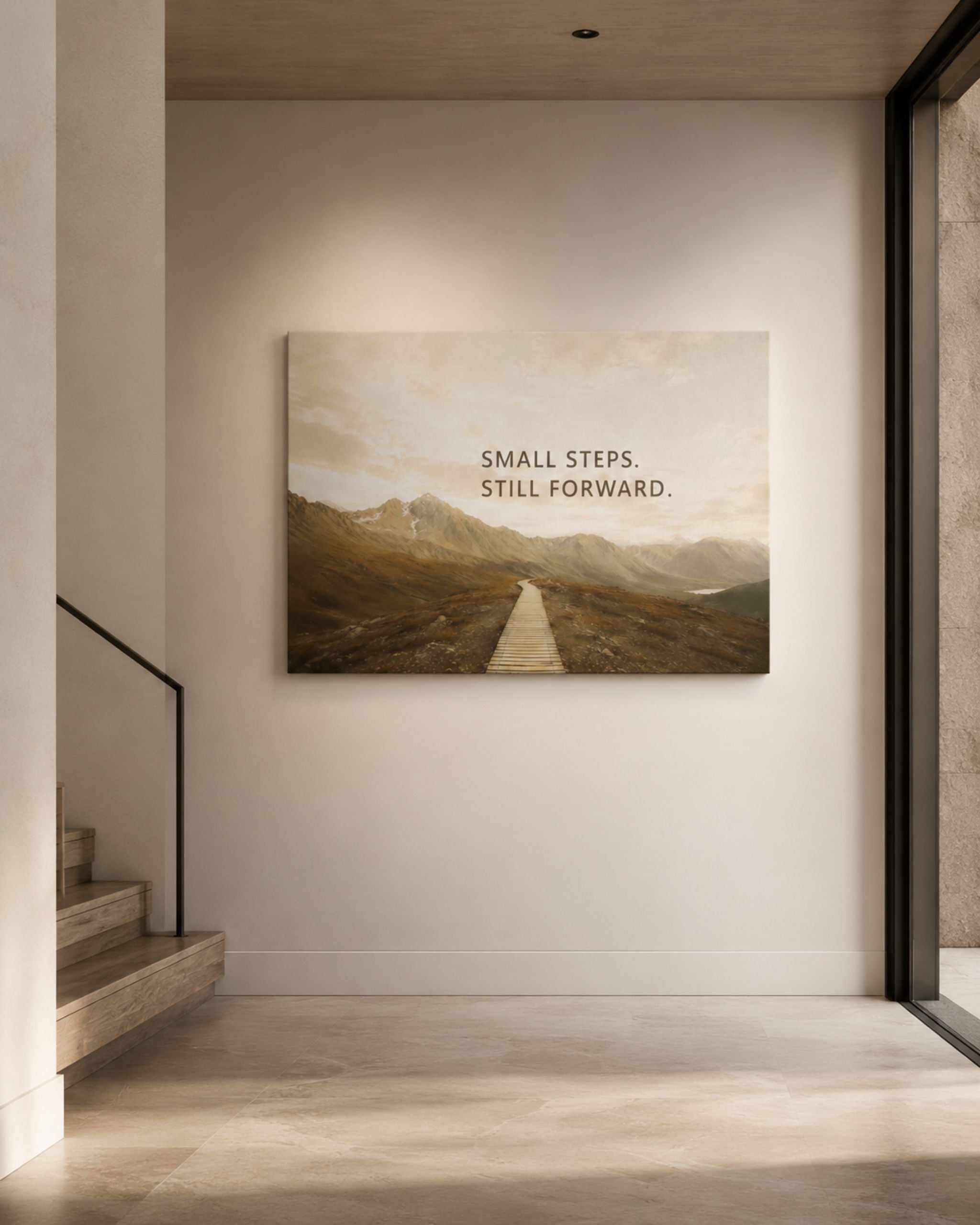 Small Steps. Still Forward. Leinwandbild im modernen Eingangsbereich als ruhiges Statement für den eigenen Weg