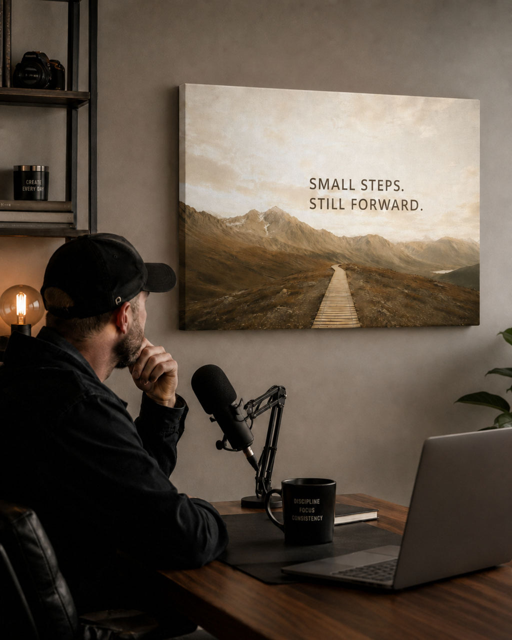 Statement-Piece Small Steps. Still Forward. als Leinwandbild mit Holzsteg, Bergen und ruhiger Landschaft im Homeoffice.