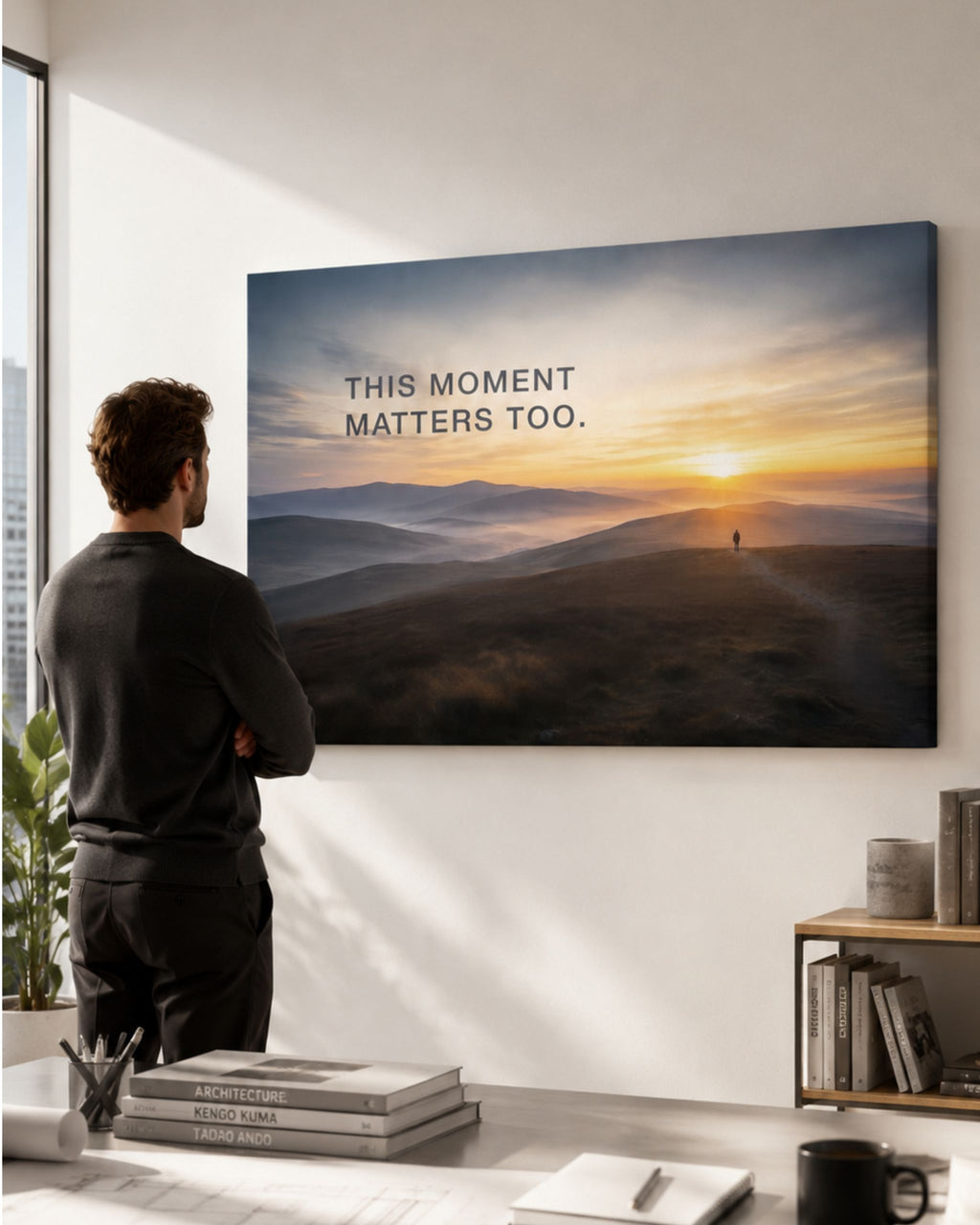 Statement-Wandbild auf Leinwand mit dem Mindset "This moment matters too." präsentiert in einem modernen Büro.