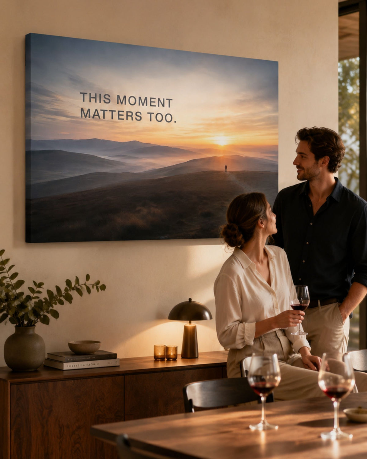 Statement-Wandbild auf Leinwand mit dem Mindset "This moment matters too." präsentiert im Essbereich.