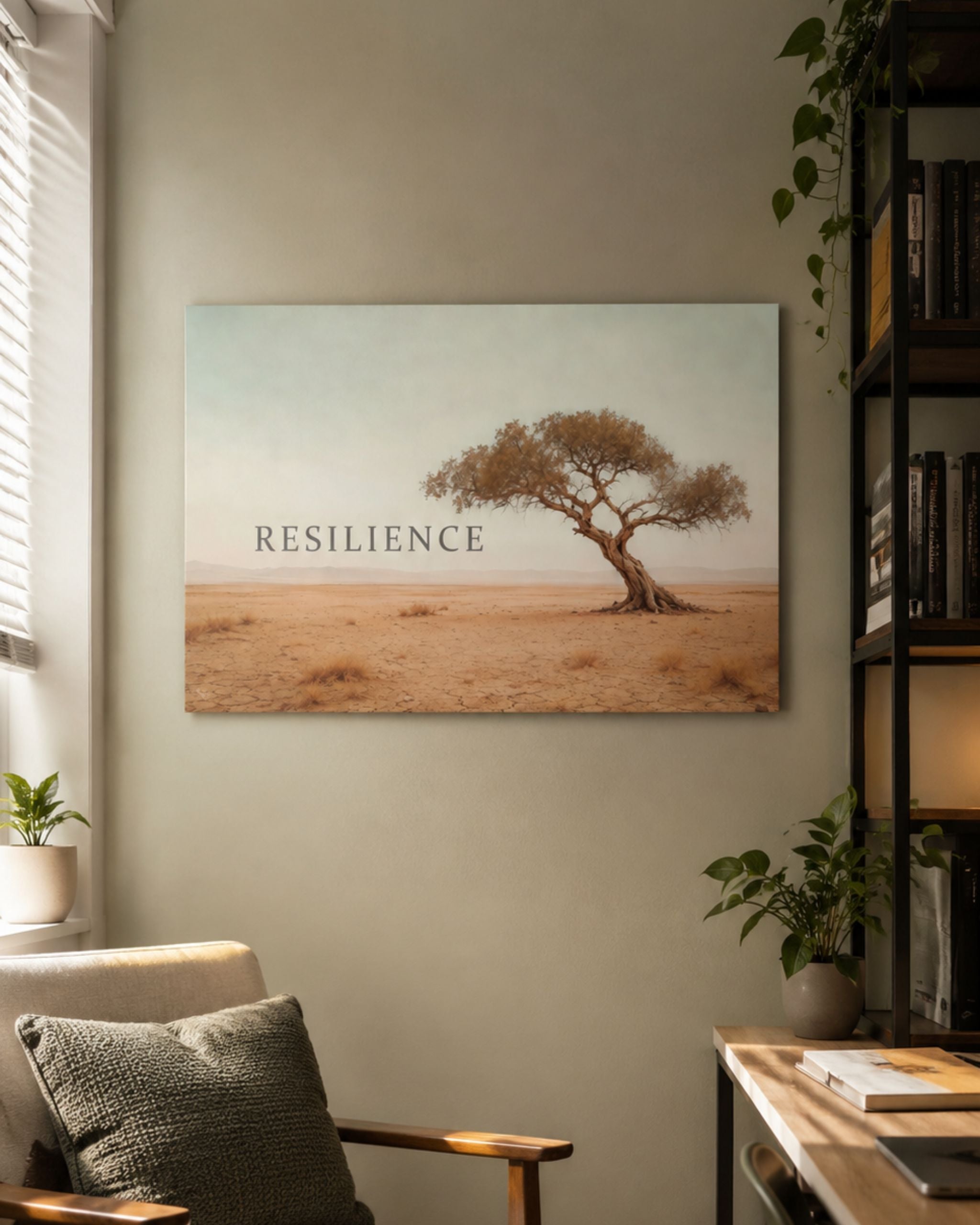 Statement Wandbild auf Alu-Dibond mit dem Statement "Resilience" präsentiert in einem Büro oder Wartebereich.