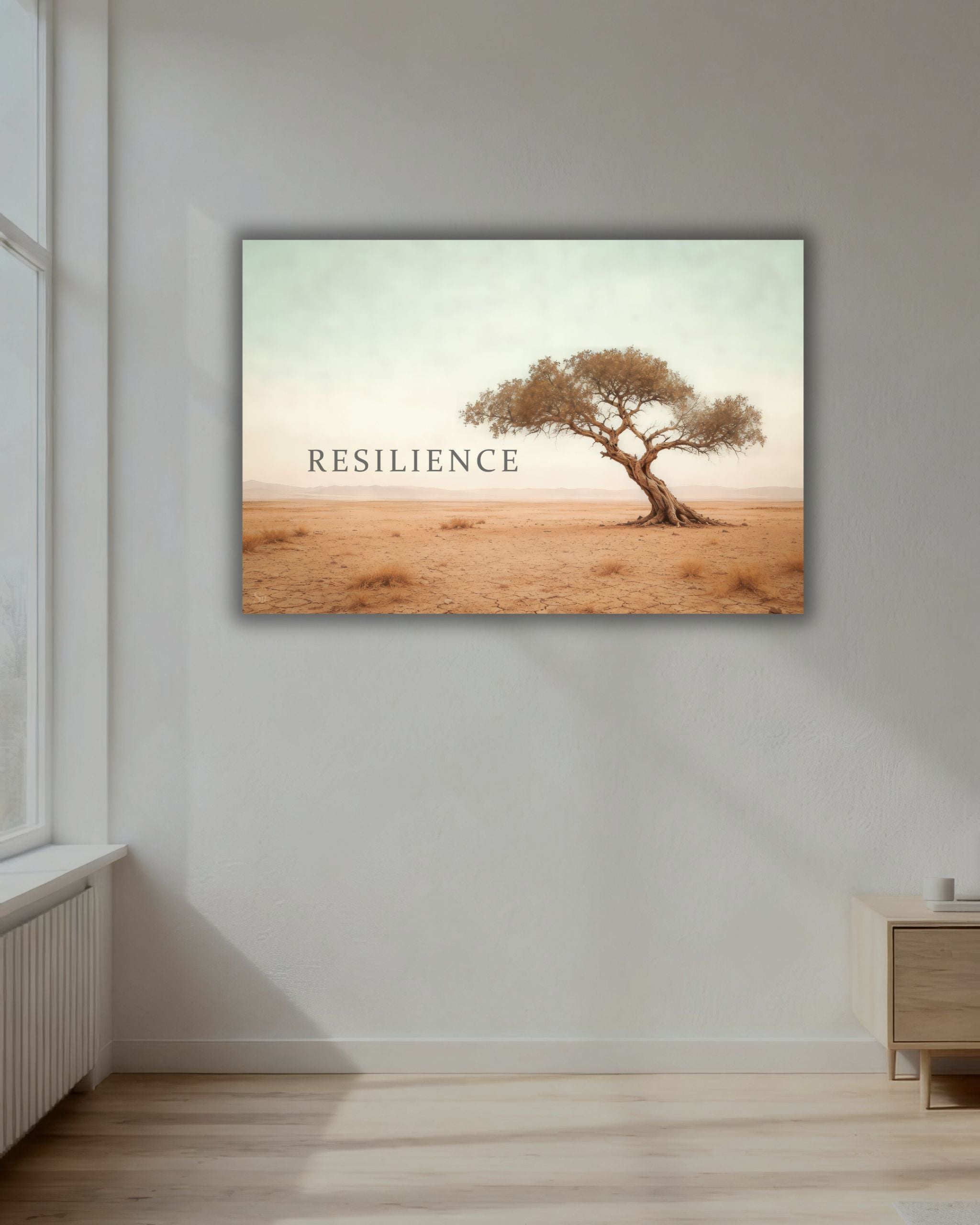 Statement Wandbild auf Alu-Dibond mit dem Statement "Resilience" präsentiert in einem modernen und minimalistischen Wohnbereich.